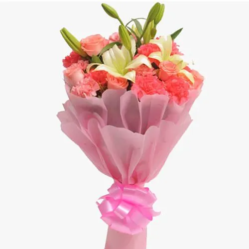Captivating Pink Carnations, Lily Stems nd Pink Roses Bouquet