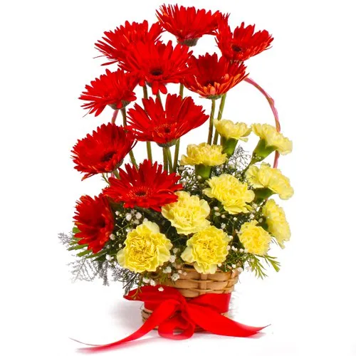 Vibrant Basket Arrangement of Yellow Color Carnations with Red Color Gerberas
