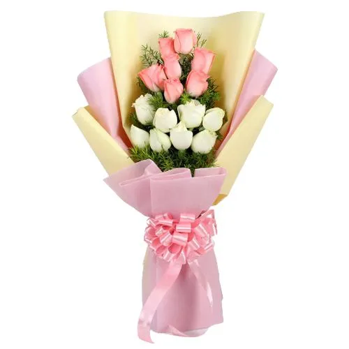 Blushing White N Pink Roses Bouquet enhanced with Filler Flowers