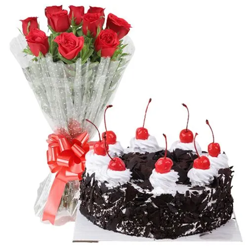 Bouquet of 10 Red Roses with 1 lb Black Forest Cake