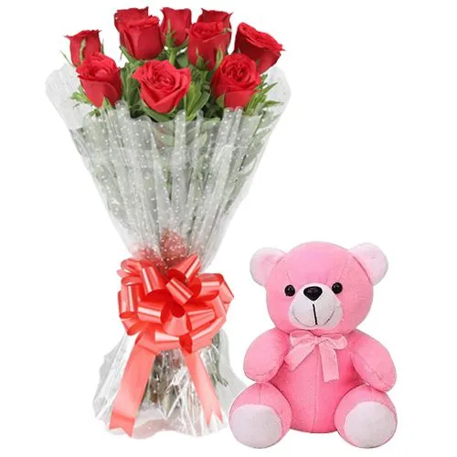 Bouquet of 10 Red Roses with a Cute Teddy