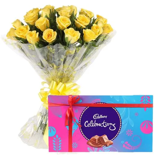 Bouquet of 10 Yellow Roses with a Cadbury Celebration Chocolate Pack