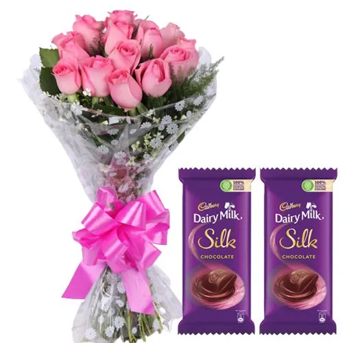 Bouquet of 10 Pink Roses with Cadbury Silk Chocolate Bar