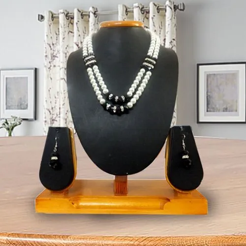 Designer Double Row Pearl Jewelry with American Diamonds and Black Stones Necklace Set with Matching Earrings