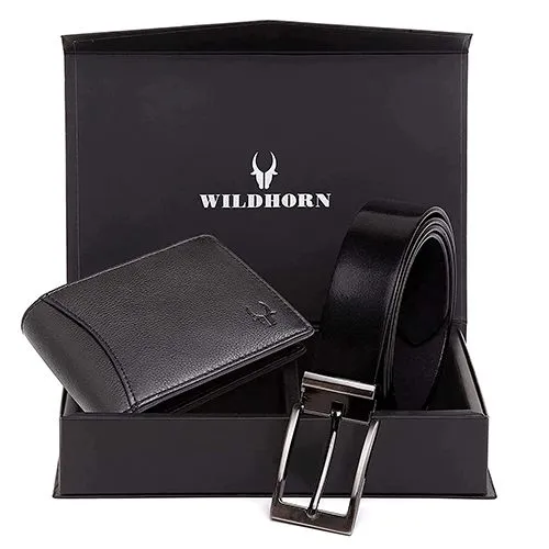 Stylish WildHorn Black Leather Mens Wallet with Formal Belt Set