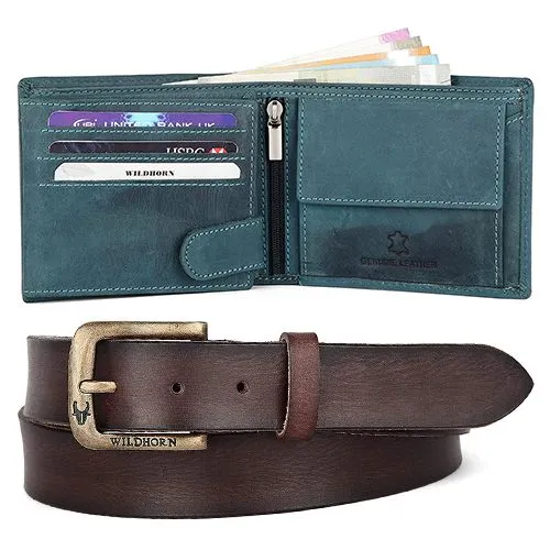 Amazing Pair of WildHorn Leather Wallet with Belt for Men in Blue