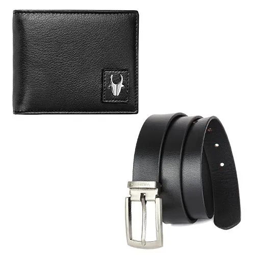 Impressionable WildHorn Leather Mens Wallet N Belt Set in Black