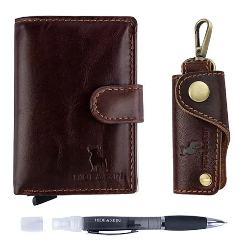 Amazing Hide N Skin Leather Card Case with Pen and Key Chain Set