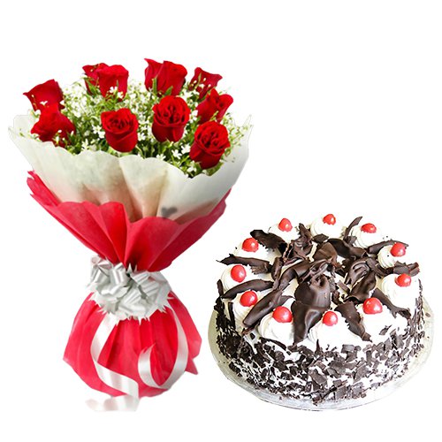 12 Exclusive Dutch Red Roses with Black Forest cake 1 Kg from 5 star Hotel Bakery