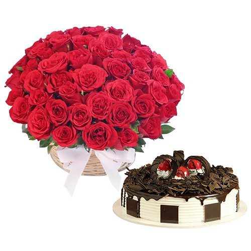 50 Exclusive Dutch Red Roses with Black Forest cake 1 Kg from 5 star Hotel Bakery