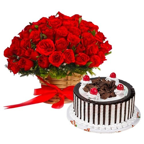 50 Dutch Red Roses Basket with Black Forest Cake.