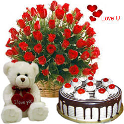 25 Red Roses with 1 Lbs. Black Forest Cake and a Teddey Bear