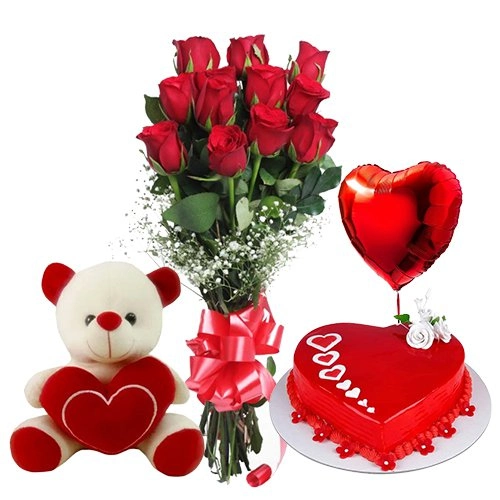 12 Exclusive Dutch Red Roses Bunch with Cute Teddy Bear, Love Cake 1 Lb and Heart Shaped Balloons
