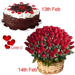 Serenade Option :13th Feb : 1/2 Black Forest Cake 14th Feb : 50 Dutch Red Roses Basket