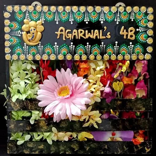 Stylish Handmade Dot Mandala Art Ganesha Nameplate with Art Flower Decor