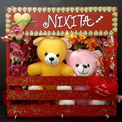 Breathtaking Valentine Gift of Teddy n Flowers with Key Holder