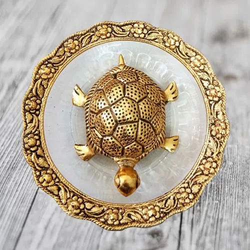 Pious Feng Shui Metal Tortoise on Plate for Maximum Age, Stability  N  Determination