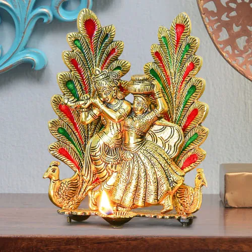Auspicious Peacock Design Radha Krishna Statue with Diya
