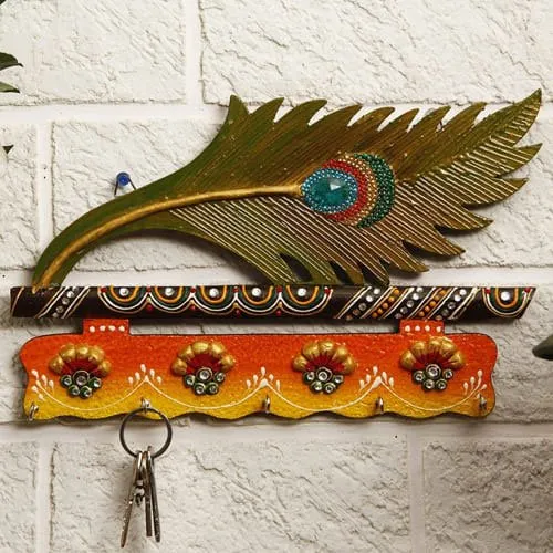 Charming Mayur Pankh Styled Wooden Key Holder