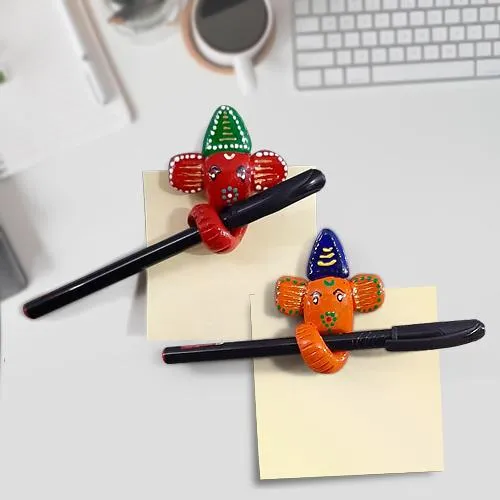 Holy Pair of Handmade Multi Purpose Ganesha Pen Holder Cum Fridge Magnet with 2 Ball Pens n Sticky Note	