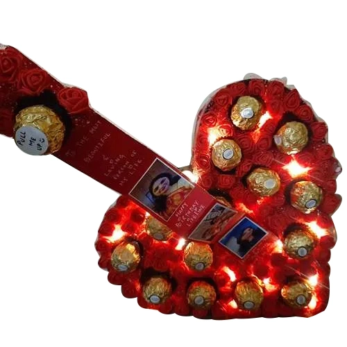 Special Heart of Personalized Photos n Ferrero Rocher with Art Roses n Lights