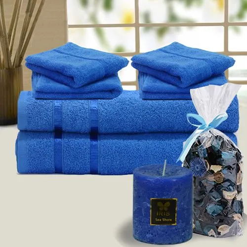 Fashionable Iris Blue Family Towel Set with Lavender Potpurri N Seasore Pillar Candle