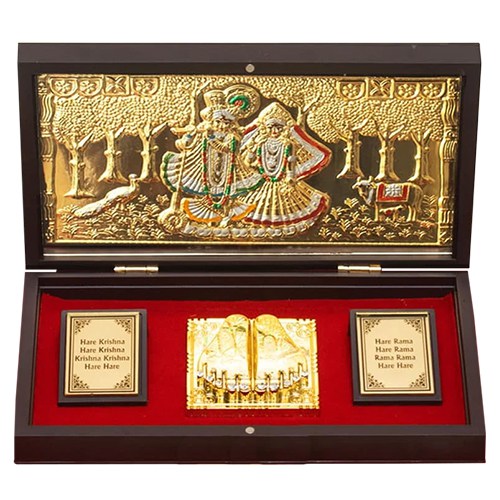 Charming Gold Plated Radha Krishna Idol N Charan Paduka Gift Set