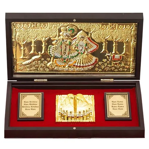 Charming Gold Plated Radha Krishna Idol N Charan Paduka Gift Set