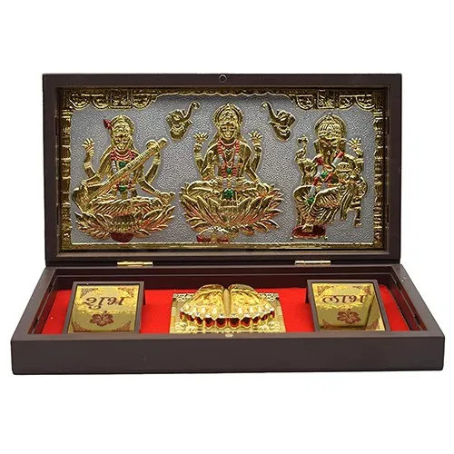 Elegant Gold Plated Lakshmi Ganesh Saraswati Photo N Shubh Labh Charan Paduka Set
