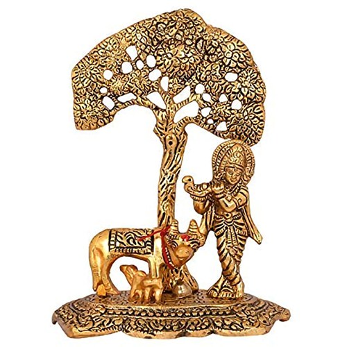 Blissful Golden Krishna Idol with Kamdhenu Cow