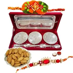 Silver plated set of  bowls with a tray and spoons with Rakhi and Dry Fruit and Roli Tilak Chawal
