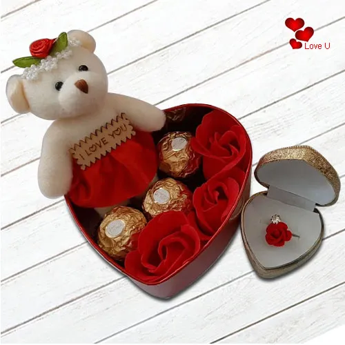 Dazzling Gift of Teddy, Roses, Ferrero Rocher Chocolates n a Fancy Ring in a Heart Shape Box
