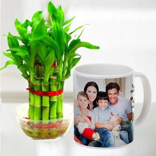 Exclusive Personalized Coffee Mug n Two Tier Bamboo Plant