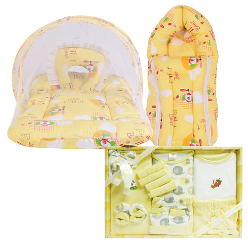 Marvelous Babys Mattress with Mosquito Net and Sleeping Bag Combo with Cotton Clothes