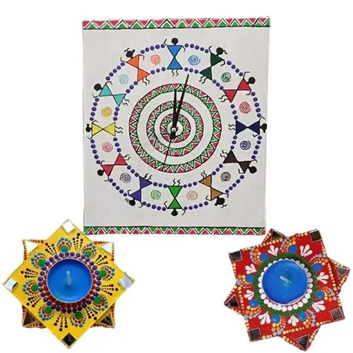 Remarkable Handmade Warli Art Wall Clock with Twin Dot Mandala Art Diya