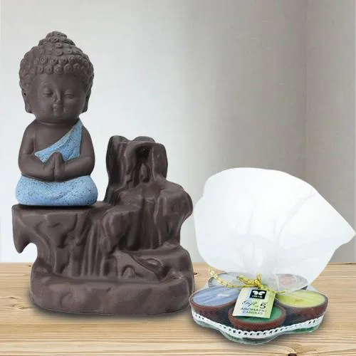 Exclusive Meditating Monk Buddha N Incense Holder with Iris Aroma Candles