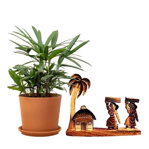 Classic Combo of Broadleaf lady palm Plant N handcrafted Home N Wall Decor