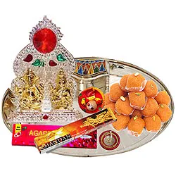 Order Ganesh Lakshmi Idols with Silver Plated Thali and Pure Ghee Ladoo