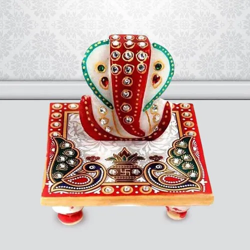 Divine Marble Ganesh Chowki in Peacock Pattern
