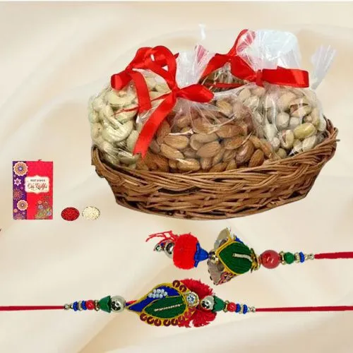 Stylish Gift of Lumba Rakhi Set with Exotic Dry Fruits Basket