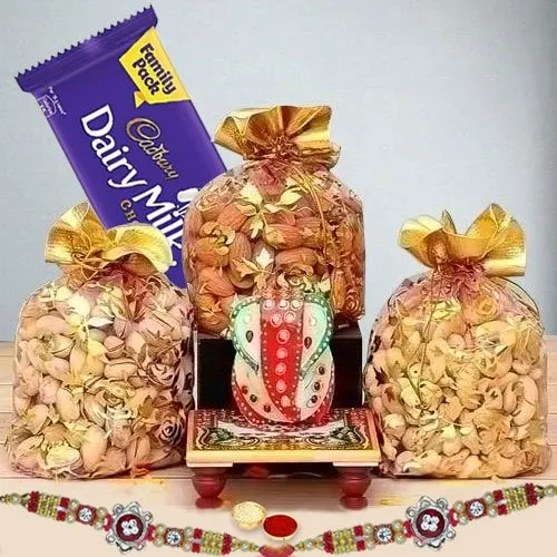 Decorative Rakhi with Dry Fruits, Cadbury Dairy Milk n Marble Ganesha