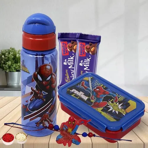 Amazing Spiderman Rakhi with Chocolate, Tiffin Box N Bottle Set