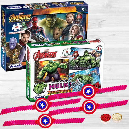 Exciting Avengers Rakhi Pack with Kids Puzzle Game Set