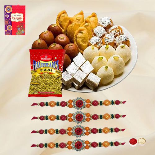 Graceful Stone Rakhi Set with Haldiram Bhujia N Assorted Sweets