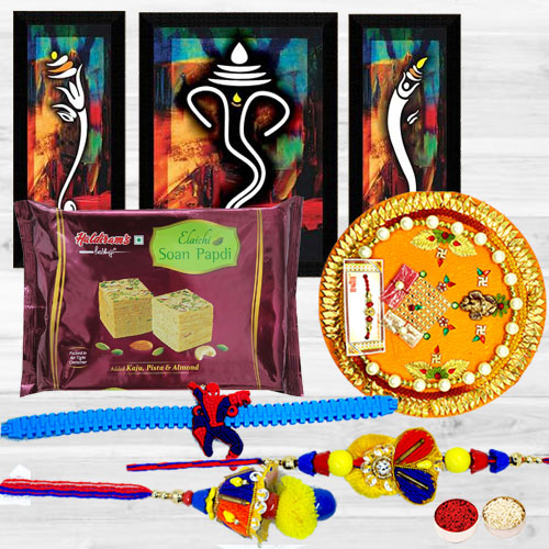 Graceful Family Rakhi Set, Ganesha Modern Art, Puja Thali N Sweets
