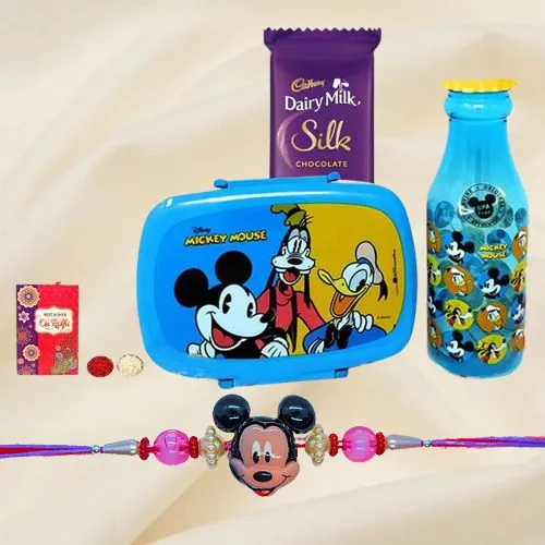Rocking Mickey Rakhi, Chocolate, Mickey Mouse Lunch Box N Water Bottle