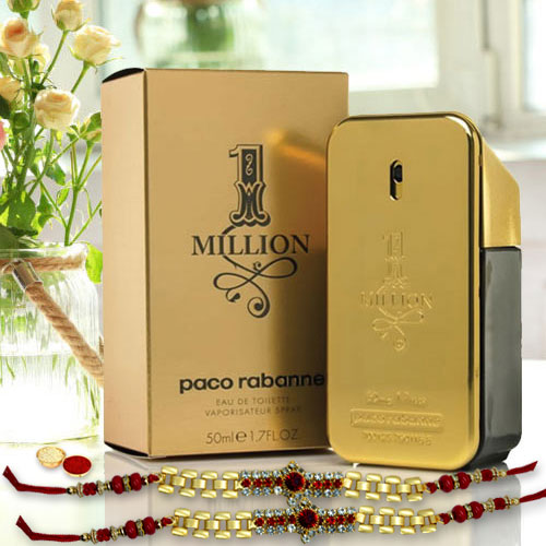 Appealing Paco Rabanne 1 Million Perfume with Golden Bracelet Rakhi
