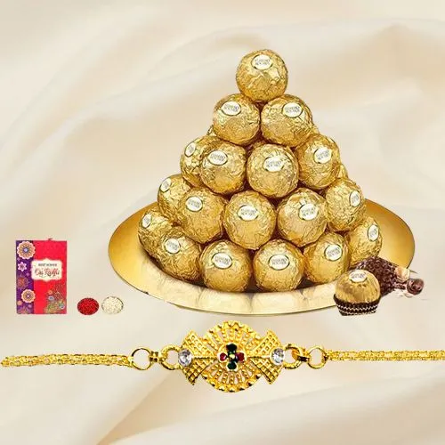 Admirable Golden Bracelet Rakhi with Ferrero Rocher in Golden Thali