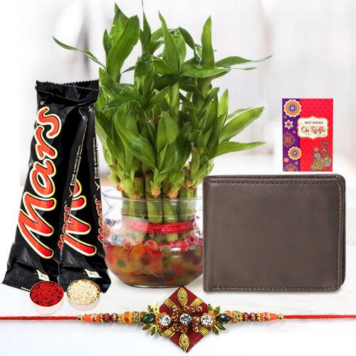 Pious Zardosi Rakhi with Leather Wallet, Bamboo Plant n Mars Chocolate