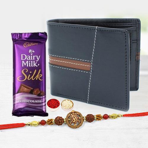 Classy OM-Rudraksha Tortoise Rakhi with Leather Wallet N Cadbury Silk